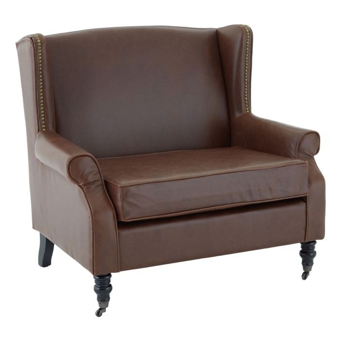 Frisco Double Wing Leather Effect Armchair In Brown