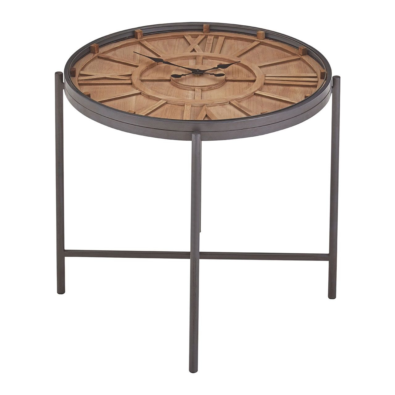 Trigona Clear Glass Clock Side Table In Black Metal Legs