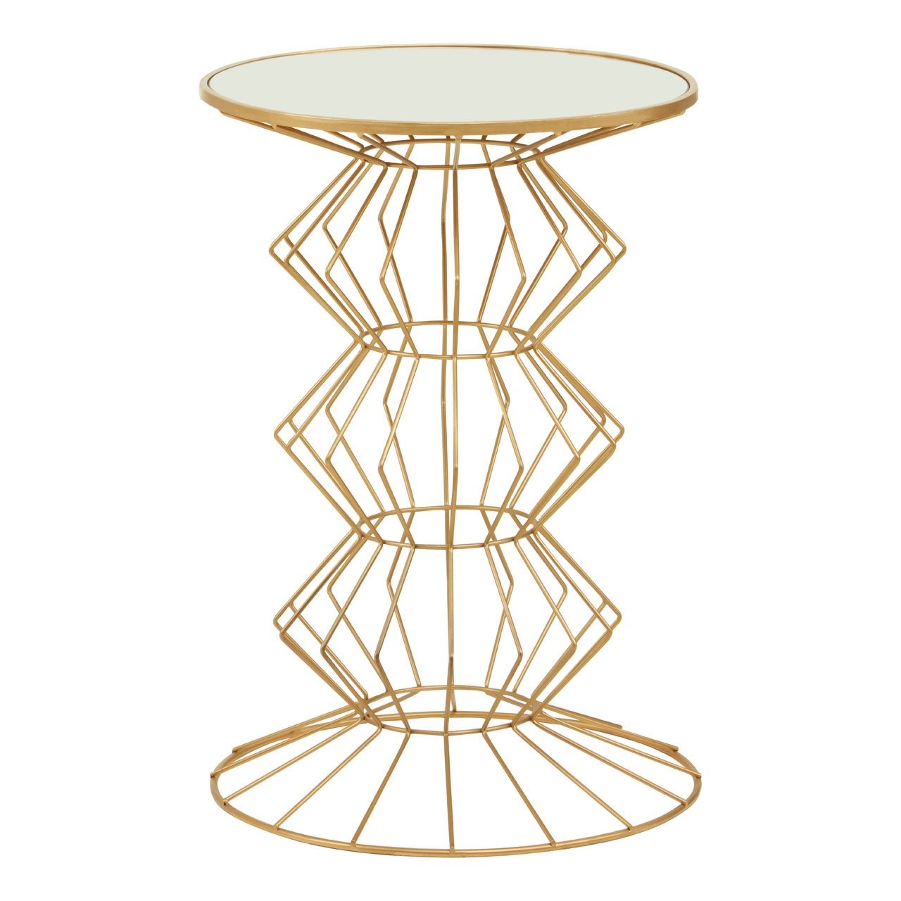 Yaxi Round Mirrored Top Side Table In White With Gold Metal Frame