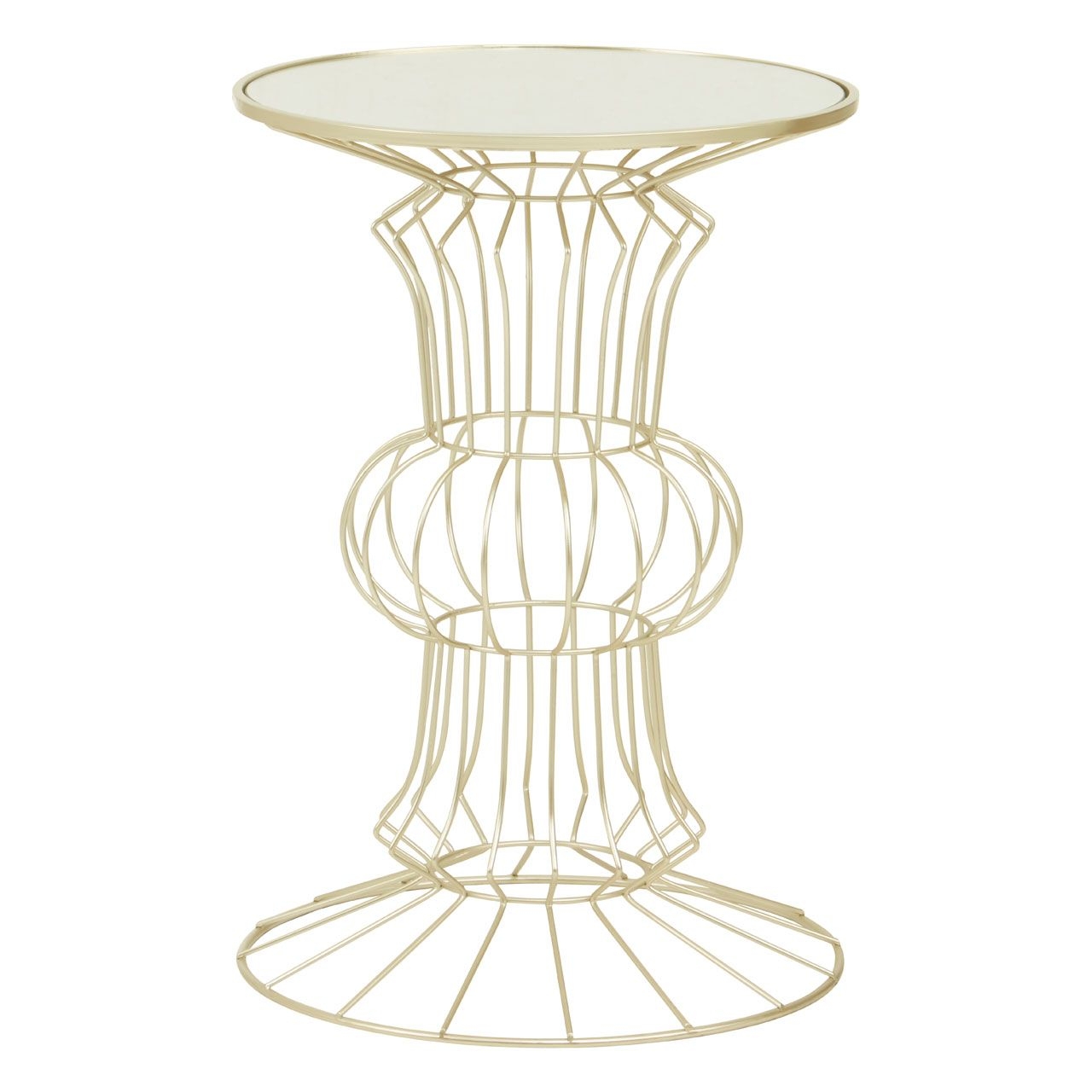 Yaxi Round Mirrored Top Side Table In White With Light Gold Metal Frame