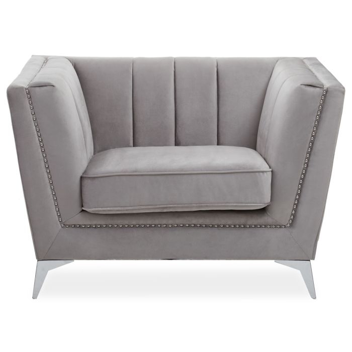 Haldis Velvet 1 Seater Sofa In Grey With Chrome Metal Legs
