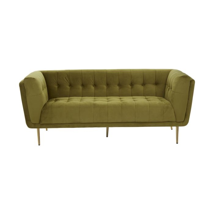 Halston Velvet 3 Seater Sofa In Olive With Gold Slanted Metal Legs