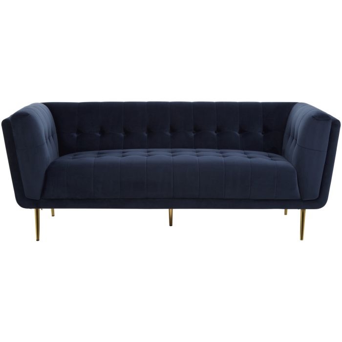 Halston Velvet 3 Seater Sofa In Blue With Gold Slanted Metal Legs