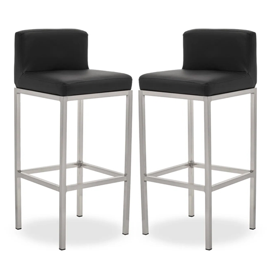 Bolney Black Faux Leather Bar Chairs With Chrome Metal Base In Pair