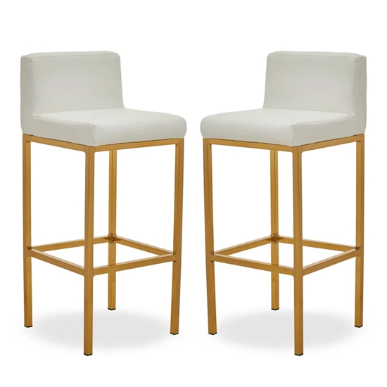 Bolney White Faux Leather Bar Chairs With Gold Metal Base In Pair