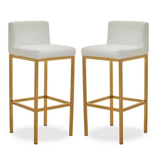 Bolney White Faux Leather Bar Chairs With Gold Metal Base In Pair