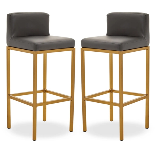 Bolney Grey Faux Leather Bar Chairs With Gold Metal Base In Pair