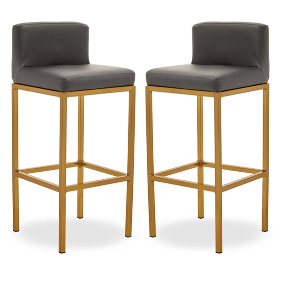 Bolney Grey Faux Leather Bar Chairs With Gold Metal Base In Pair