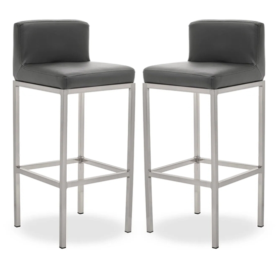 Bolney Grey Faux Leather Bar Chairs With Chrome Metal Base In Pair