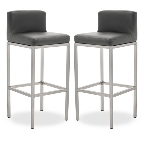 Bolney Grey Faux Leather Bar Chairs With Chrome Metal Base In Pair