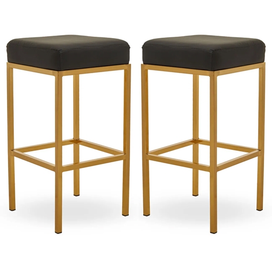 Bolney Black Faux Leather Bar Stools With Gold Metal Base In Pair