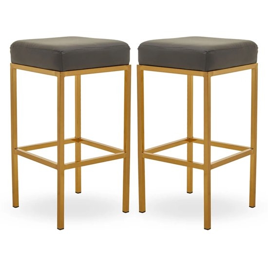 Bolney Grey Faux Leather Bar Stools With Gold Metal Base In Pair