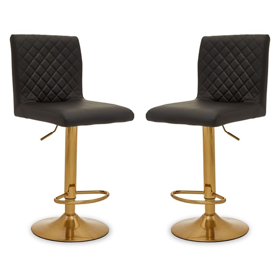 Bowburn Gas Lift Black Faux Leather Bar Stools With Gold Base In Pair