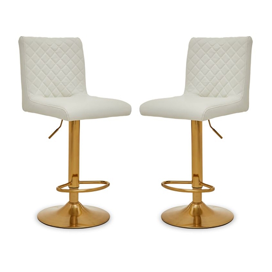 Bowburn Gas Lift White Faux Leather Bar Stools With Gold Base In Pair