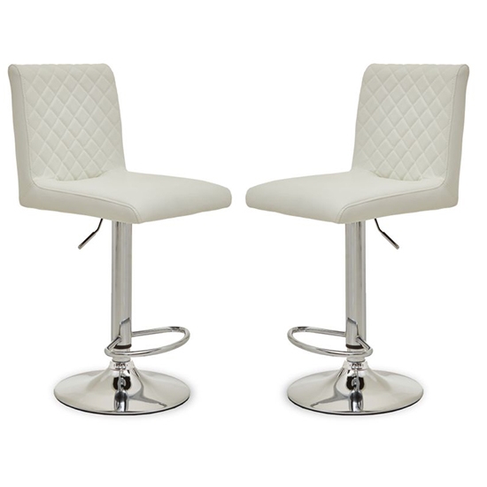 Bowburn Gas Lift White Faux Leather Bar Stools With Chrome Base In Pair