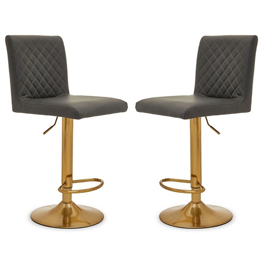 Bowburn Gas Lift Dark Grey Faux Leather Bar Stools With Gold Base In Pair