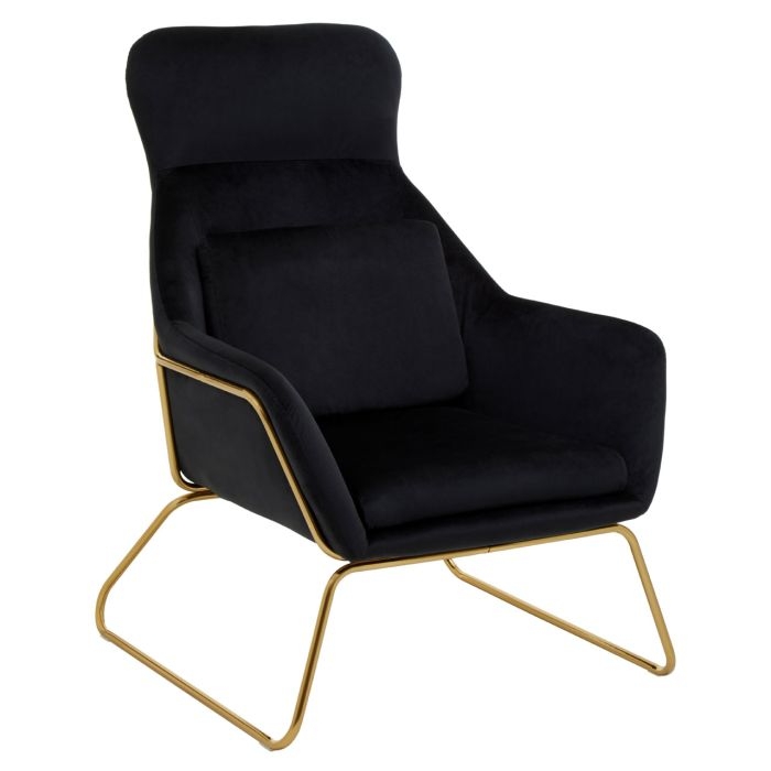 Stockholm Black Velvet Upholstered Armchair With Gold Legs