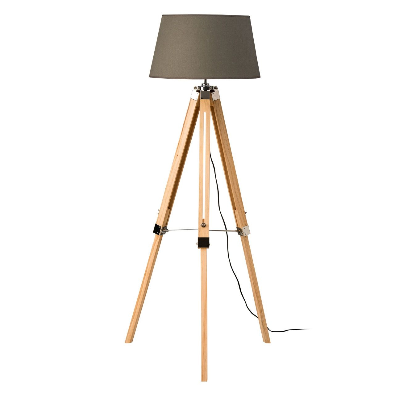 Vageya Grey Fabric Shade Floor Lamp With Natural Tripod Wooden Base