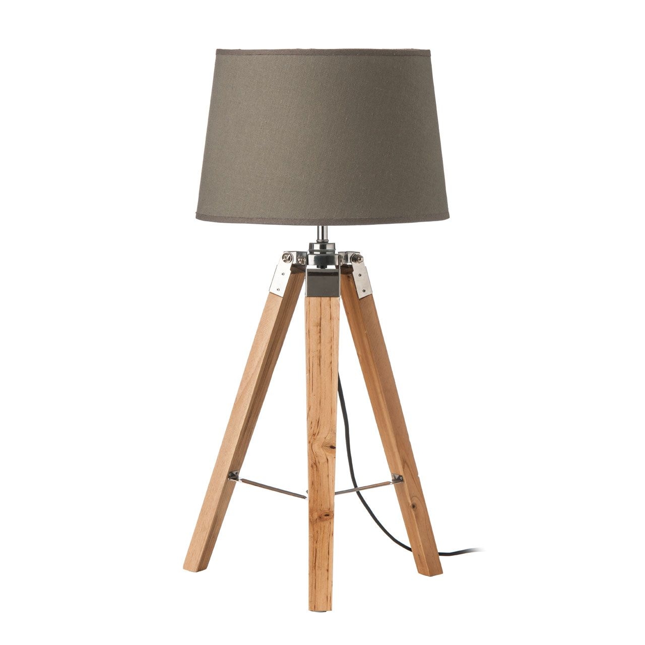 Vageya Grey Fabric Shade Table Lamp With Natural Tripod Wooden Base