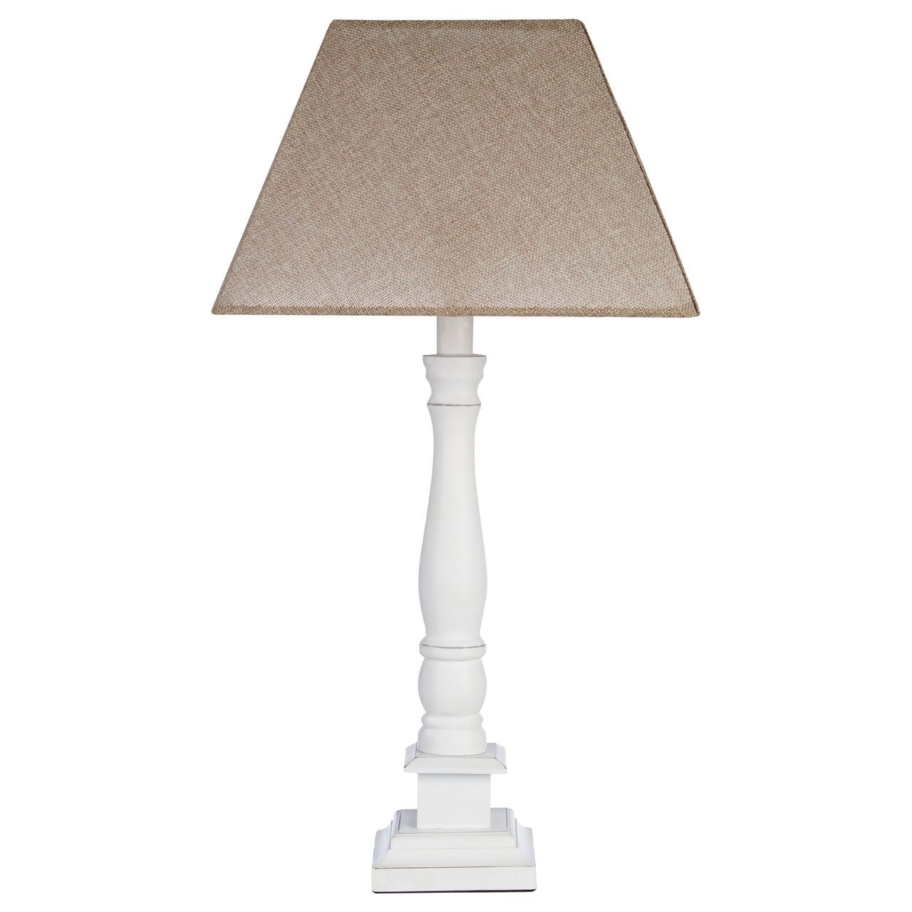 Maine Beige Fabric Shade Table Lamp With White Candlestick Wooden Base