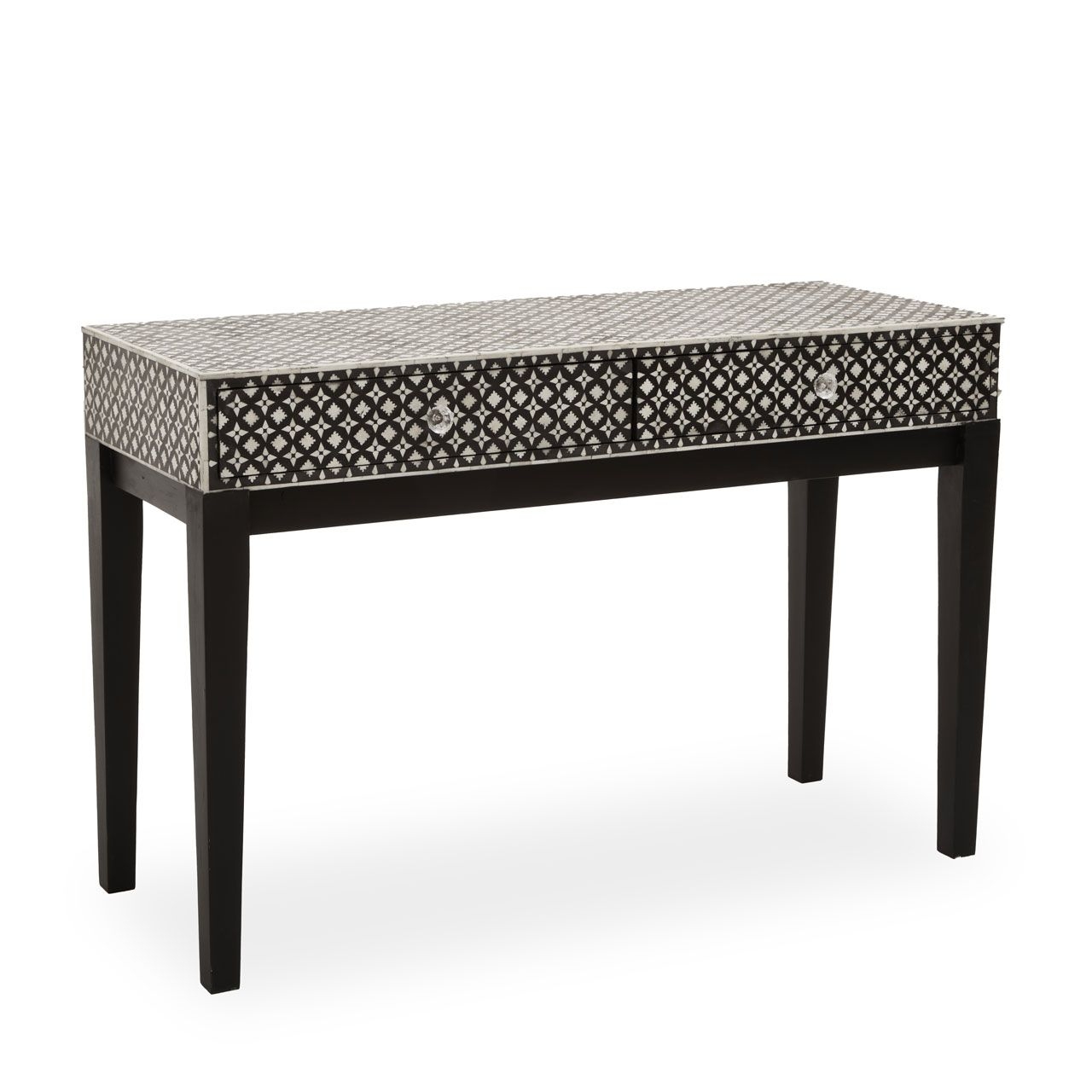 Boho Wooden Console Table In Black Exotic Patteren With 2 Drawers