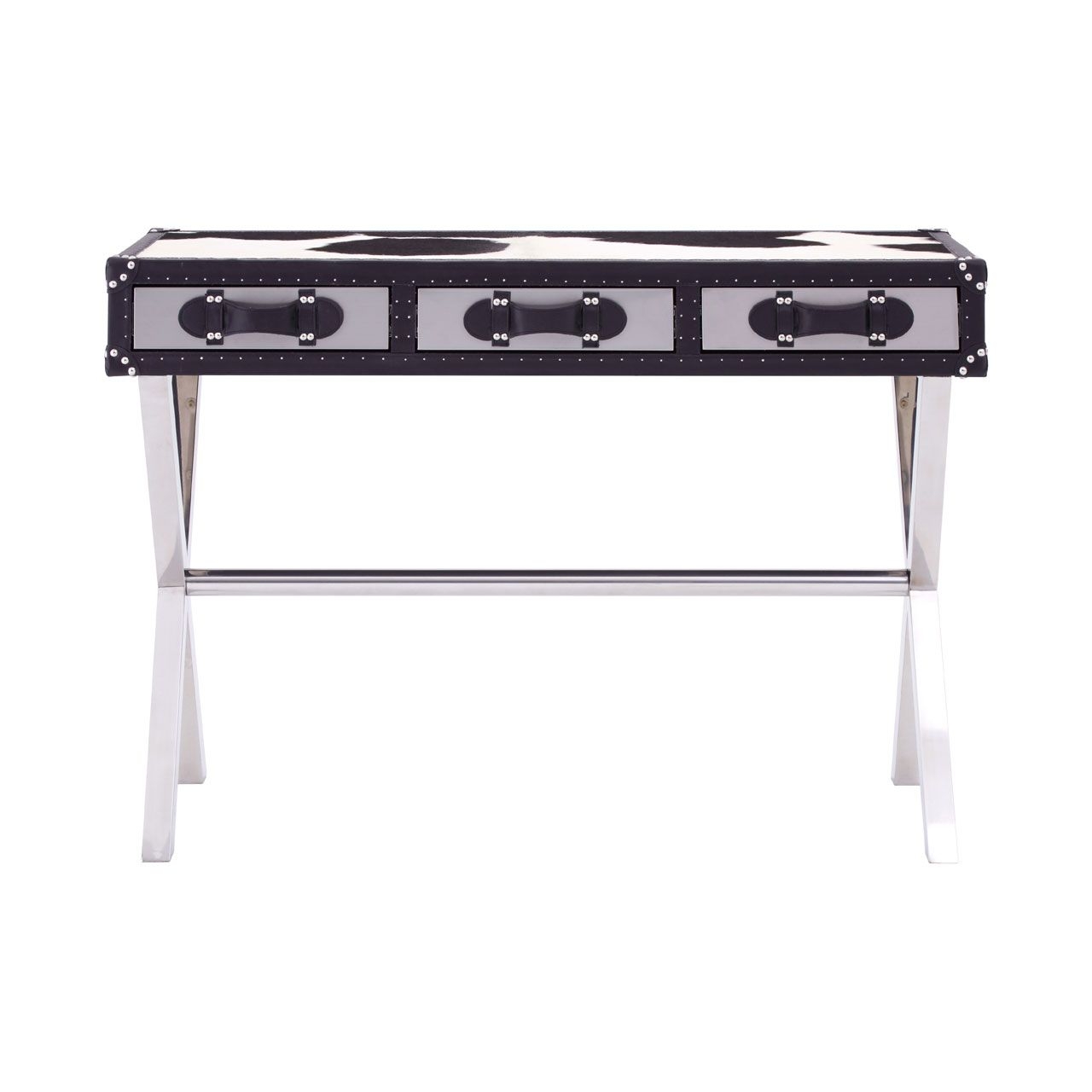 Konsek Cowhide Leather Wooden Slim Console Table In Black And White