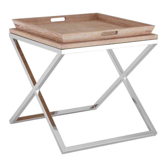 Hamood Tray Wooden Side Table In Pale Oak With Stainless Steel Frame