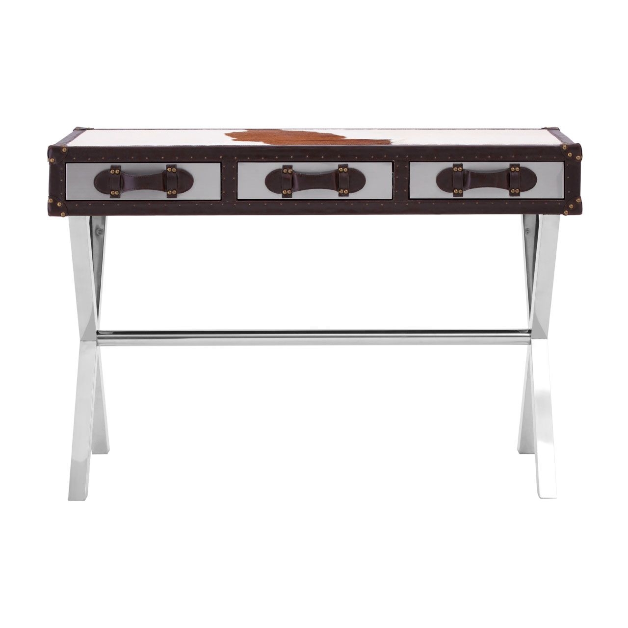 Konsek Cowhide Leather Wooden Slim Console Table In Brown And White