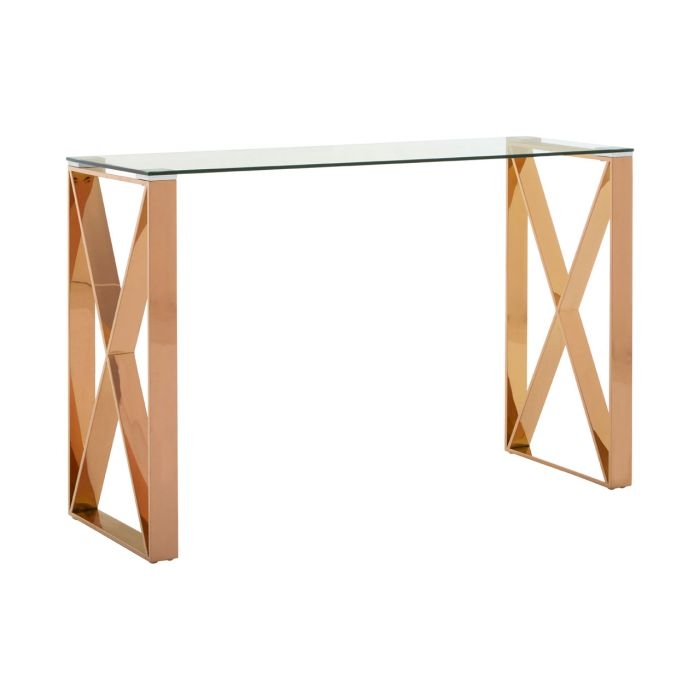 Anaco Clear Glass Console Table In Rose Gold Stainless Steel Frame