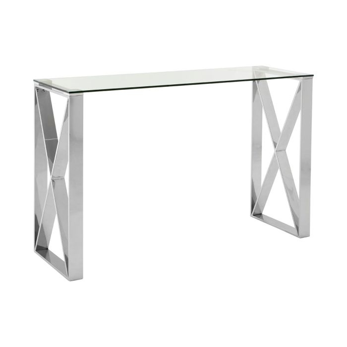 Anaco Rectangular Clear Glass Console Table With Silver Stainless Steel Base