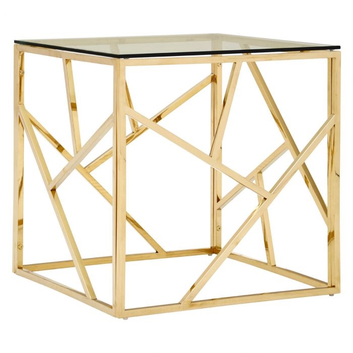 Anaco Clear Glass Side Table With Champagne Gold Geometric Frame