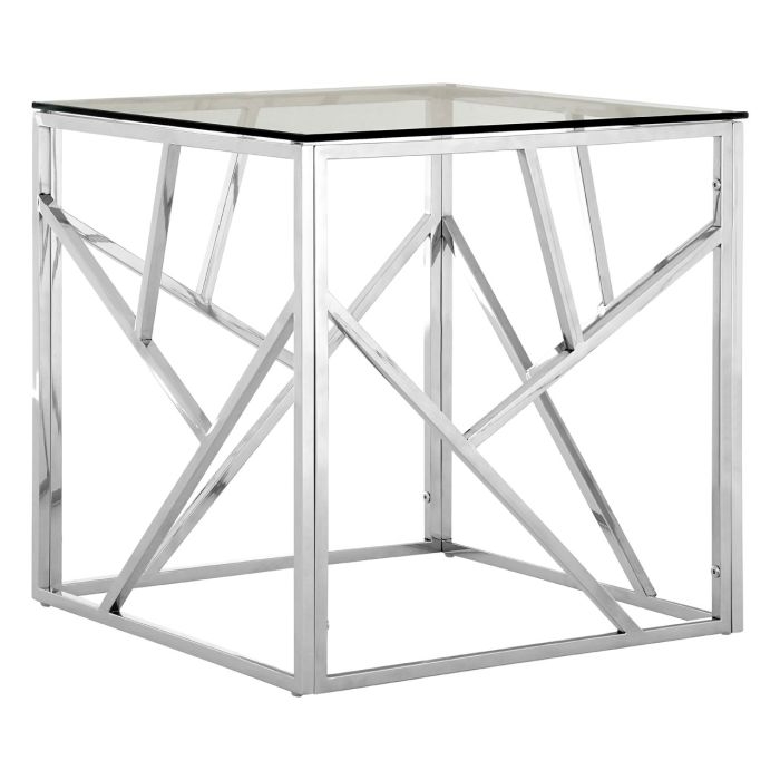 Anaco Clear Glass Side Table With Silver Geometric Metal Frame