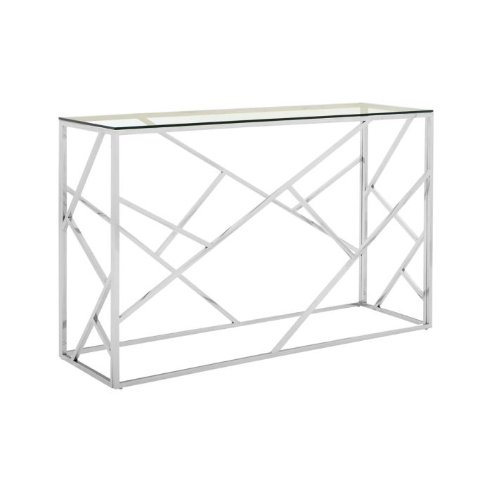 Anaco Clear Glass Console Table In Silver Geometric Stainless Steel Frame