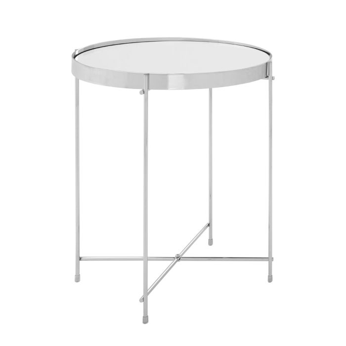 Anaco Round Mirrored Top Low Side Table In Silver Metal Frame