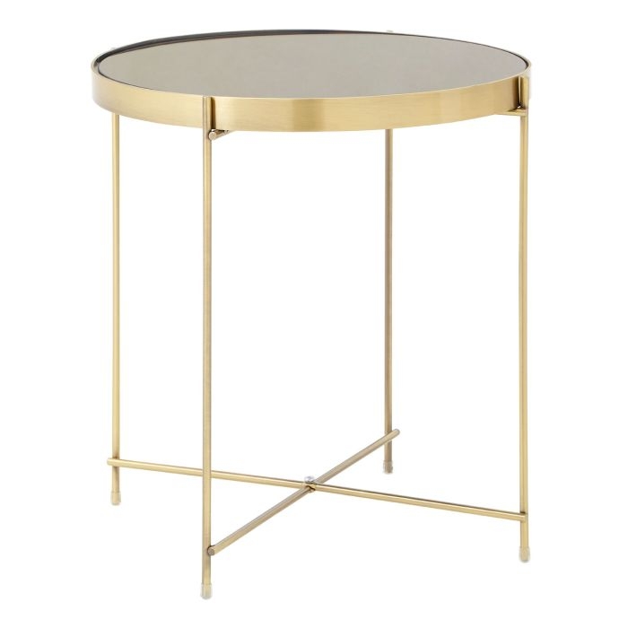 Anaco Round Mirrored Top Low Side Table In Bronze Metal Frame