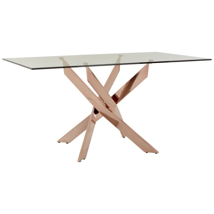 Anaco Rectangular Glass Dining Table With Rose Gold Metal Legs