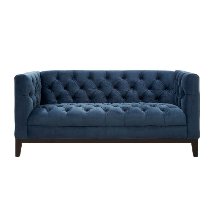 Sabine Velvet 2 Seater Sofa In Midnight Blue With Wooden Legs