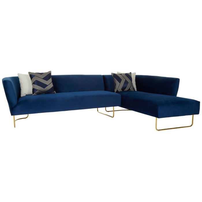 Ripon Velvet Upholstered Corner Sofa In Dark Blue With Gold Metal Legs