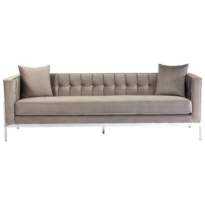 Raisie Velvet 3 Seater Sofa In Grey With Chrome Metal Legs