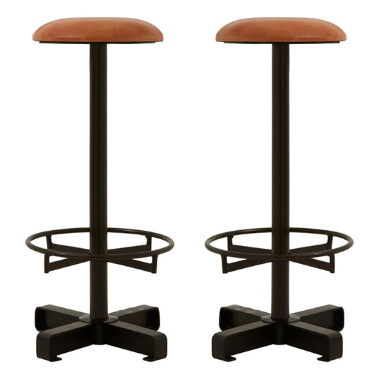 Bodmin Light Brown Faux Leather Bar Stools With Black Base In Pair