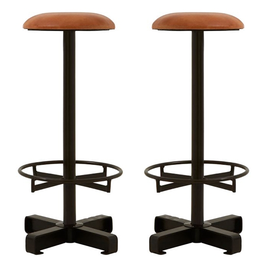 Bodmin Light Brown Faux Leather Bar Stools With Black Base In Pair