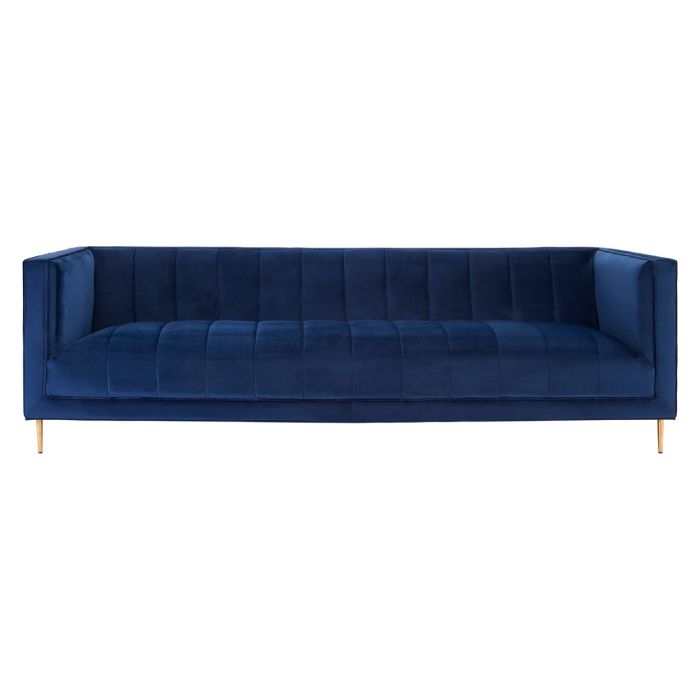 Odell Velvet 3 Seater Sofa In Deep Blue With Gold Metal Legs