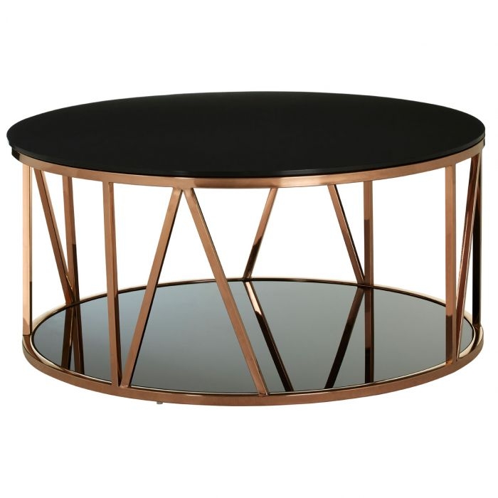 Aurora Round Glass Top Coffee Table In Black With Rose Gold Frame