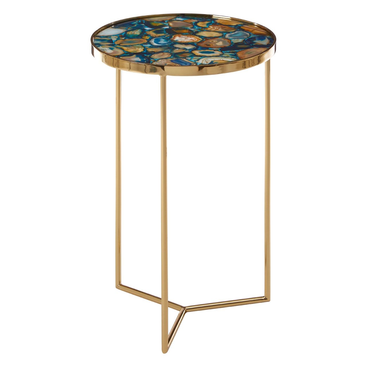 Vita Square Agate Stone Side Table In Blue With Gold Metal Frame