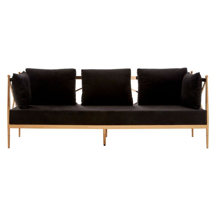 Nakisia Velvet 3 Seater Sofa In Black With Rose Gold Lattice Arms