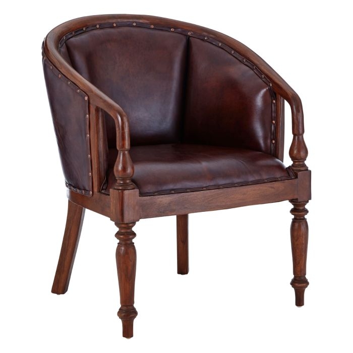 Islington Genuine Leather Carved Armchair In Antique Brown