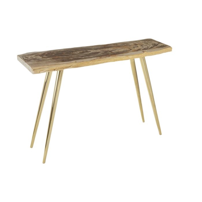 Ripley Petrified Wooden Console Table In Natural With Gold Metal Legs