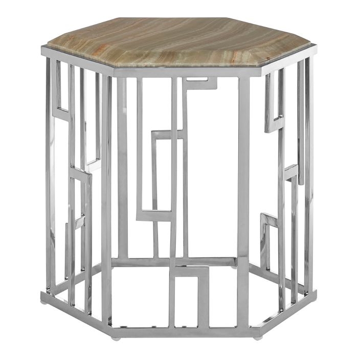 Ripley Hexagonal Onyx Stone Side Table In Natural With Silver Base
