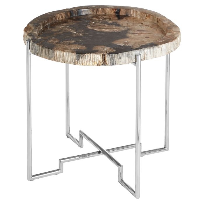 Ripley Round Petrified Wooden Top Side Table With Polished Frame