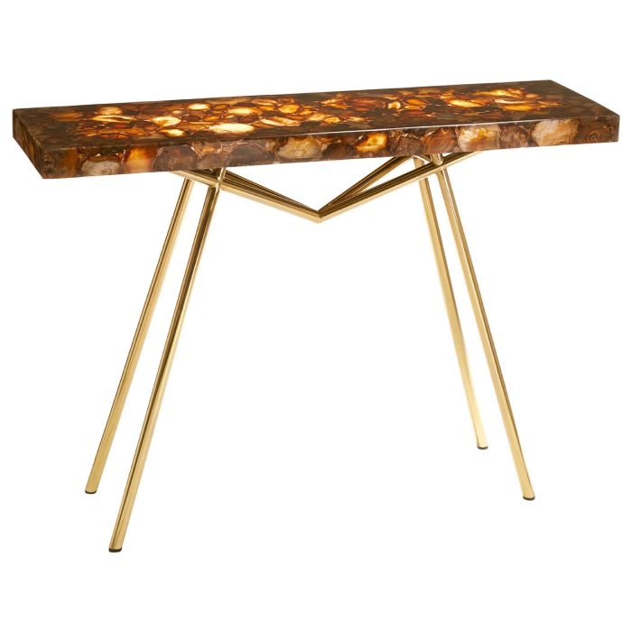 Ripley Agate Stone Top Console Table With Gold Metal Legs
